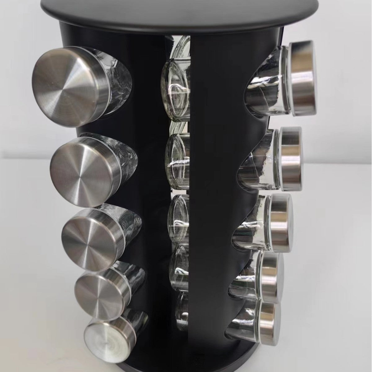 Rotating Stainless Steel Spice Rack with Glass Bottles