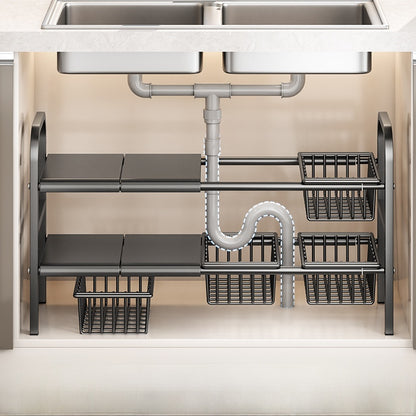 Kitchen Storage Rack, Extendable Cabinet Pot Storage Shelf, Under-Sink Storage Cabinet Organizer
