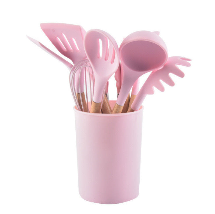 12-Piece Silicone Kitchen Utensils with Wooden Handles