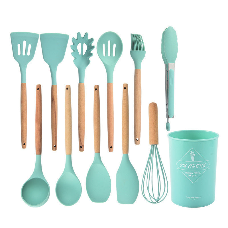 12-Piece Silicone Kitchen Utensils with Wooden Handles