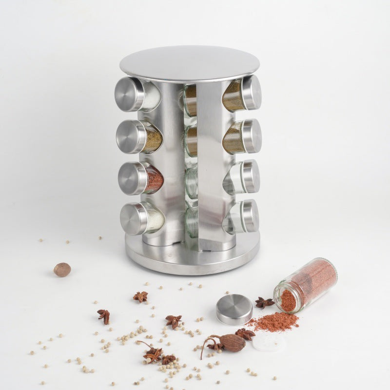 Rotating Stainless Steel Spice Rack with Glass Bottles