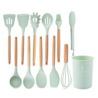 12-Piece Silicone Kitchen Utensils with Wooden Handles
