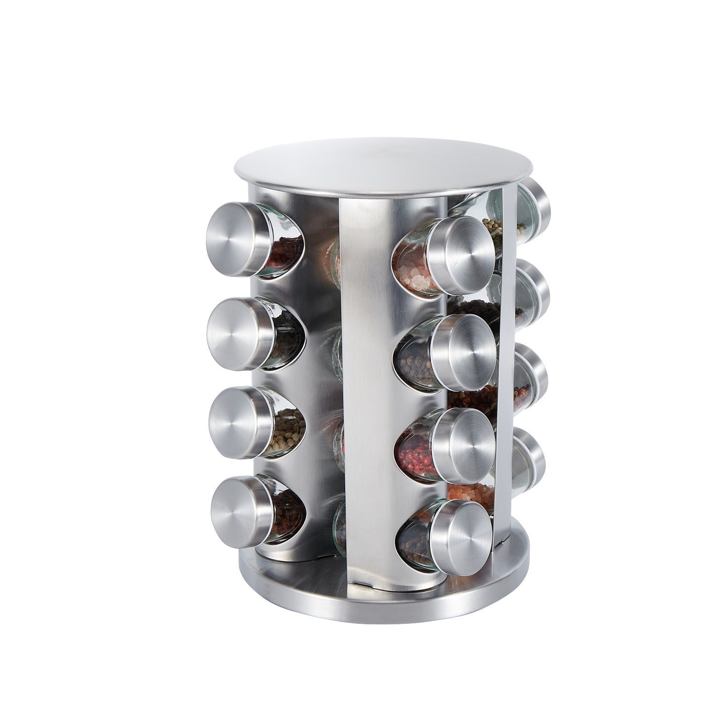 Rotating Stainless Steel Spice Rack with Glass Bottles
