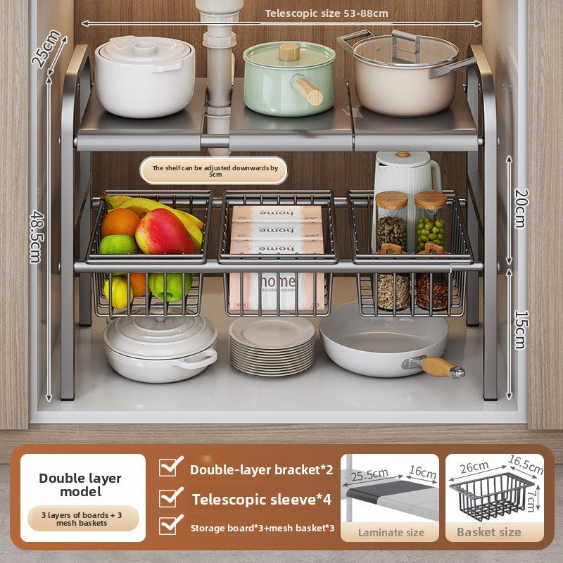 Kitchen Storage Rack, Extendable Cabinet Pot Storage Shelf, Under-Sink Storage Cabinet Organizer