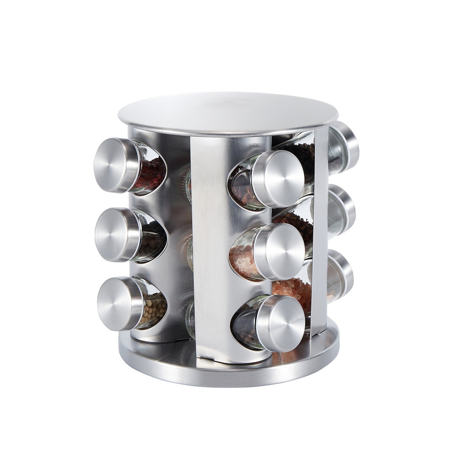 Rotating Stainless Steel Spice Rack with Glass Bottles