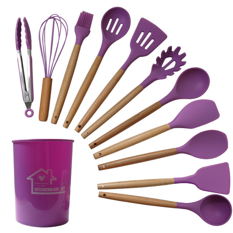 12-Piece Silicone Kitchen Utensils with Wooden Handles