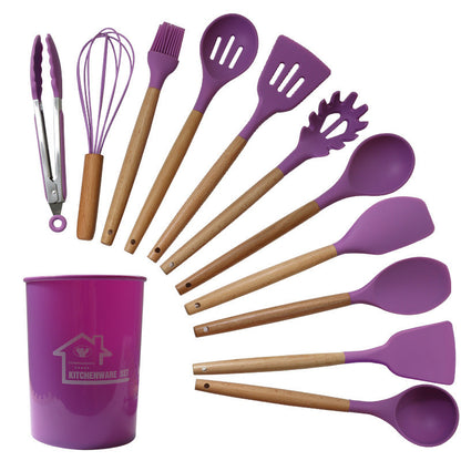 12-Piece Silicone Kitchen Utensils with Wooden Handles