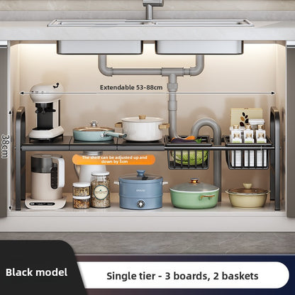 Kitchen Storage Rack, Extendable Cabinet Pot Storage Shelf, Under-Sink Storage Cabinet Organizer