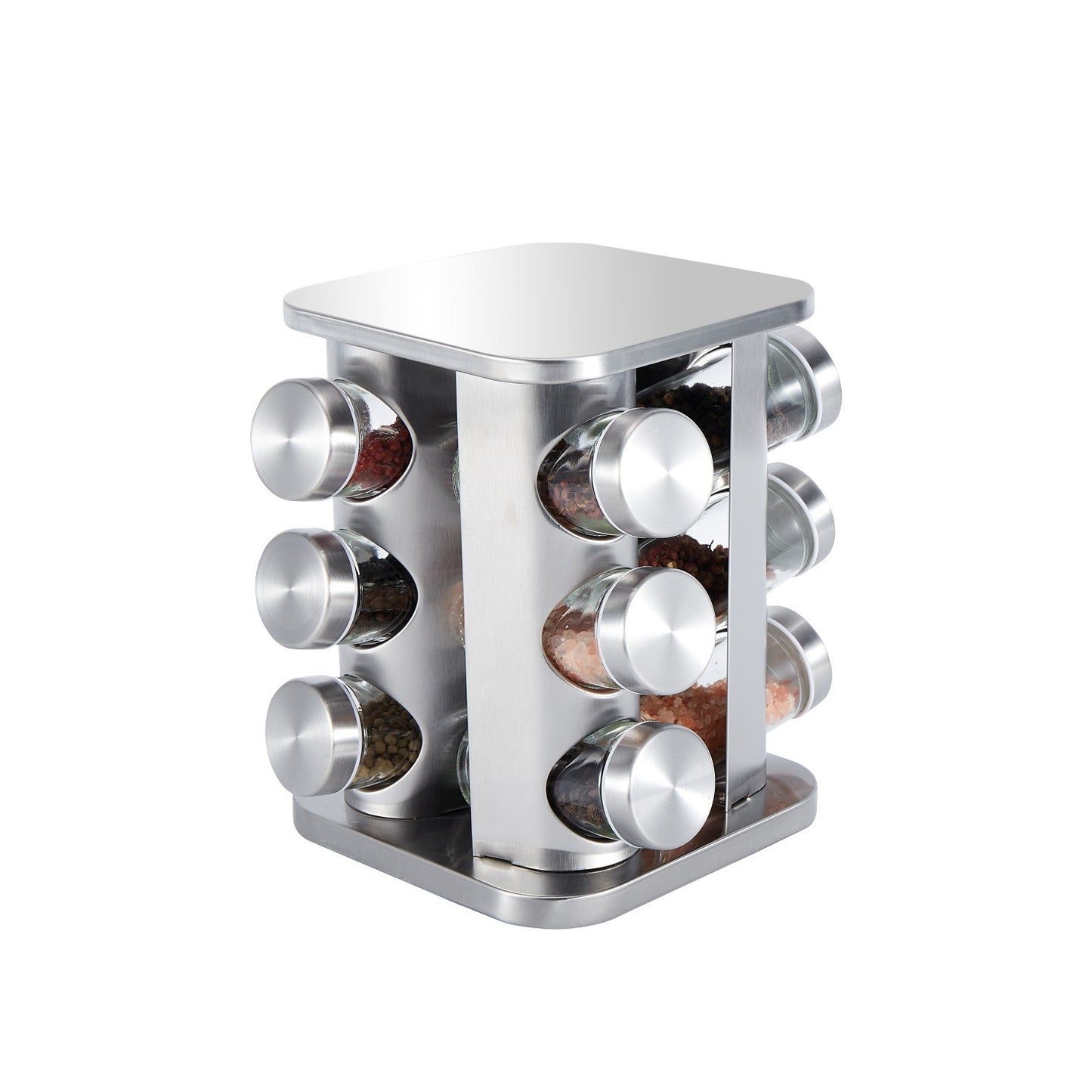 Rotating Stainless Steel Spice Rack with Glass Bottles