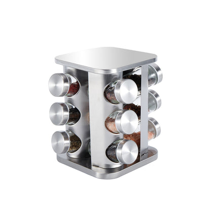 Rotating Stainless Steel Spice Rack with Glass Bottles