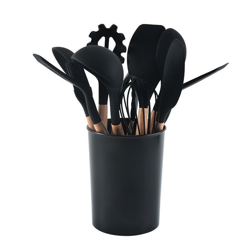 12-Piece Silicone Kitchen Utensils with Wooden Handles