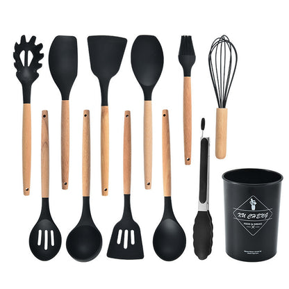 12-Piece Silicone Kitchen Utensils with Wooden Handles