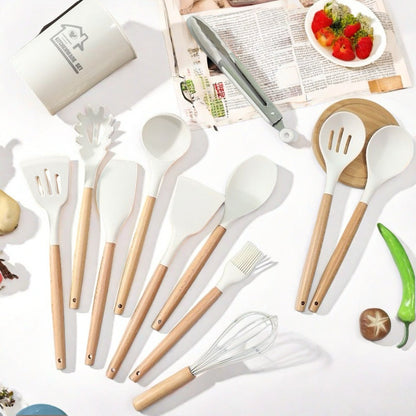 12-Piece Silicone Kitchen Utensils with Wooden Handles