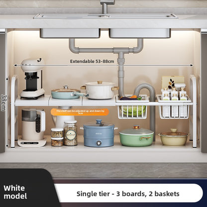 Kitchen Storage Rack, Extendable Cabinet Pot Storage Shelf, Under-Sink Storage Cabinet Organizer