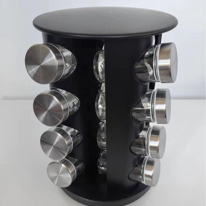 Rotating Stainless Steel Spice Rack with Glass Bottles