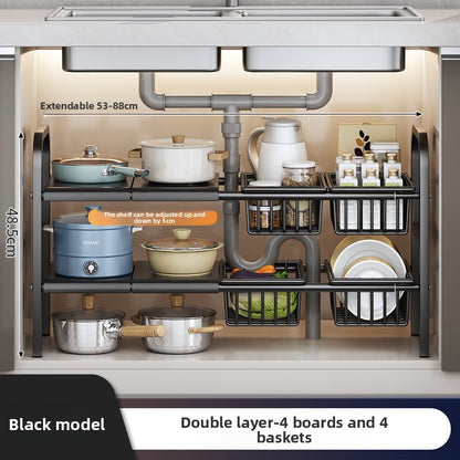 Kitchen Storage Rack, Extendable Cabinet Pot Storage Shelf, Under-Sink Storage Cabinet Organizer