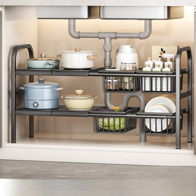 Kitchen Storage Rack, Extendable Cabinet Pot Storage Shelf, Under-Sink Storage Cabinet Organizer