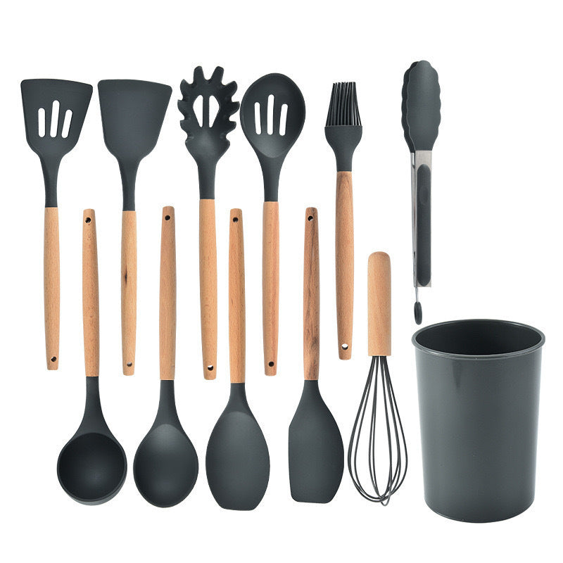 12-Piece Silicone Kitchen Utensils with Wooden Handles
