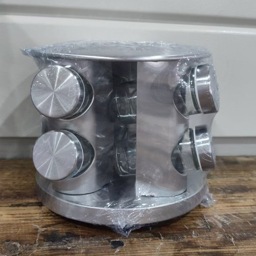 Rotating Stainless Steel Spice Rack with Glass Bottles