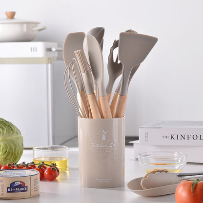 12-Piece Silicone Kitchen Utensils with Wooden Handles