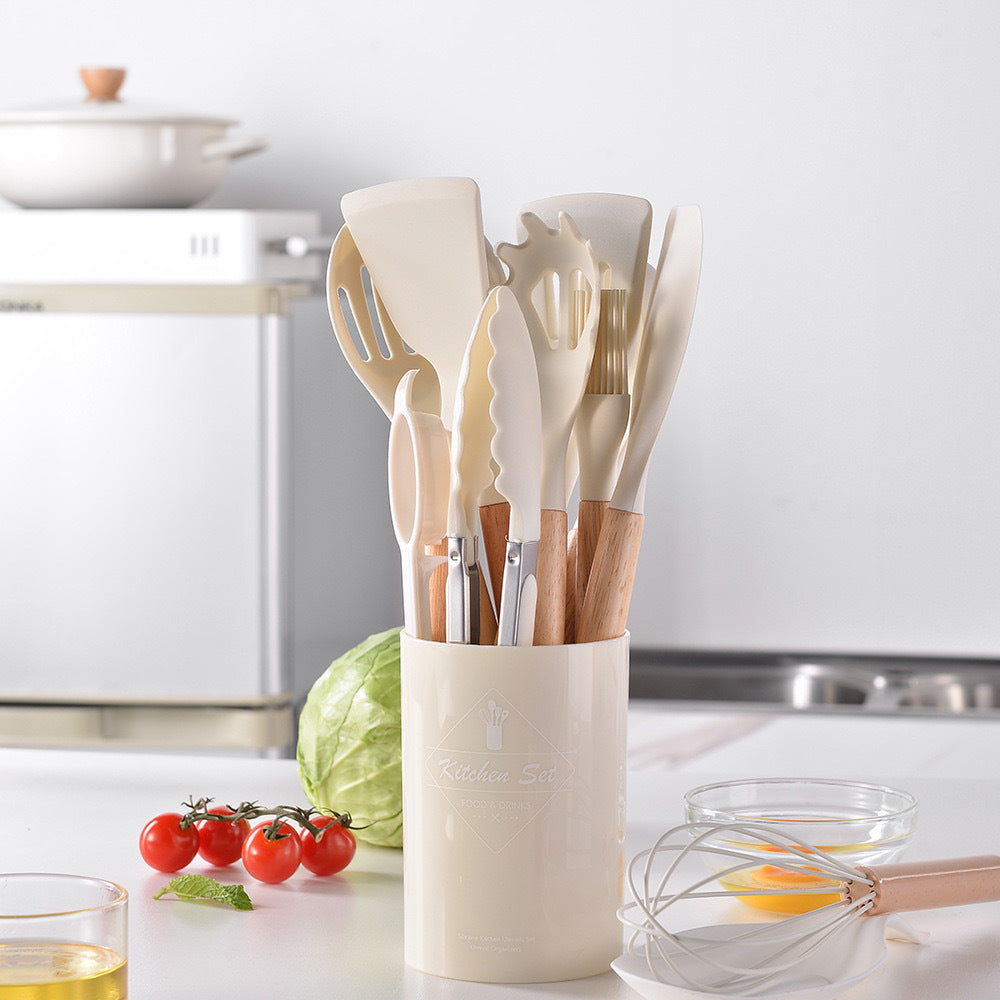 12-Piece Silicone Kitchen Utensils with Wooden Handles
