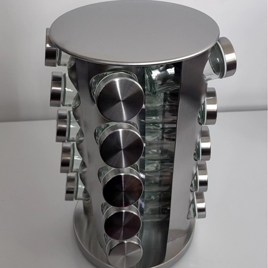 Rotating Stainless Steel Spice Rack with Glass Bottles