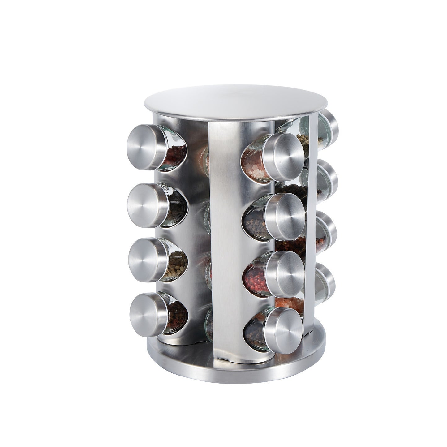 Rotating Stainless Steel Spice Rack with Glass Bottles